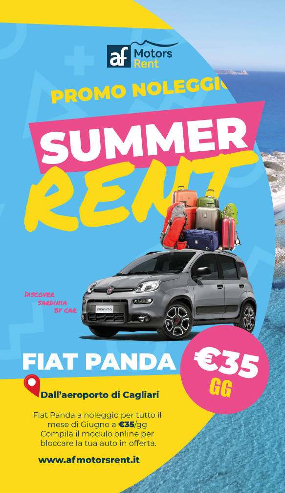 promozione summer rent di af motors rent. disponibile per la fiat panda a partire da 35€ al giorno. Dall'aeroporto di Cagliari